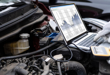 Auto electronic diagnostics being done by a mechanic.