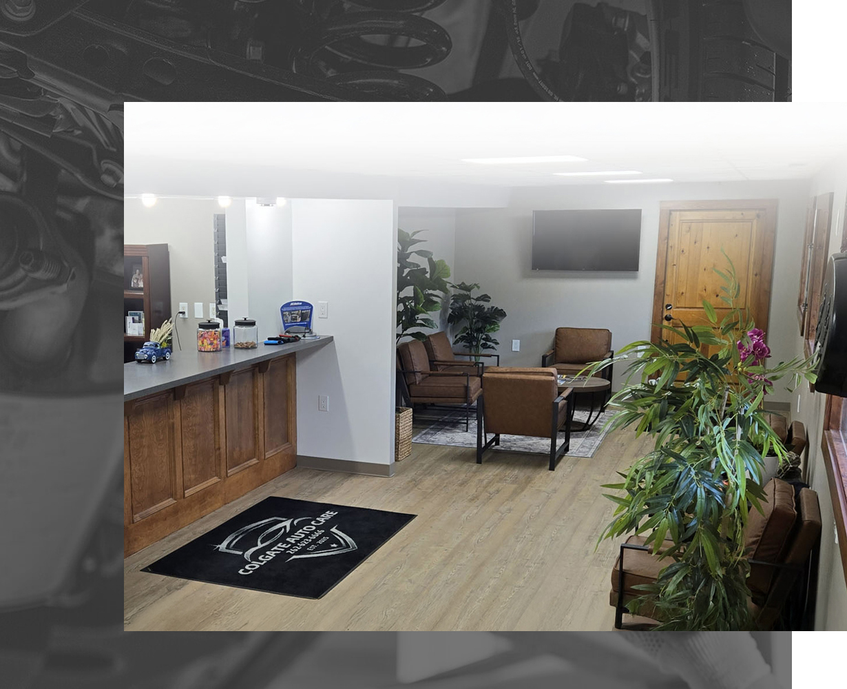 Relaxing waiting room for customers at Colgate Auto Care auto repair shop.